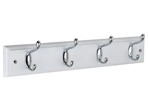 HOOK RAIL 4 SATIN NICKEL HOOKS ON WHITE BOARD
