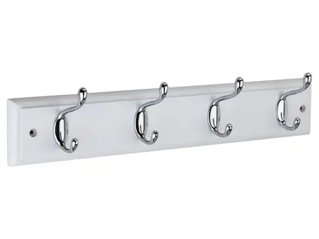 HOOK RAIL 4 SATIN NICKEL HOOKS ON WHITE BOARD