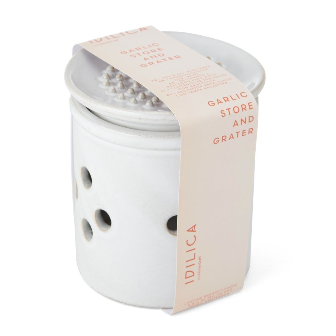 STONEWARE GARLIC STORAGE WITH GRATER LID CREAM