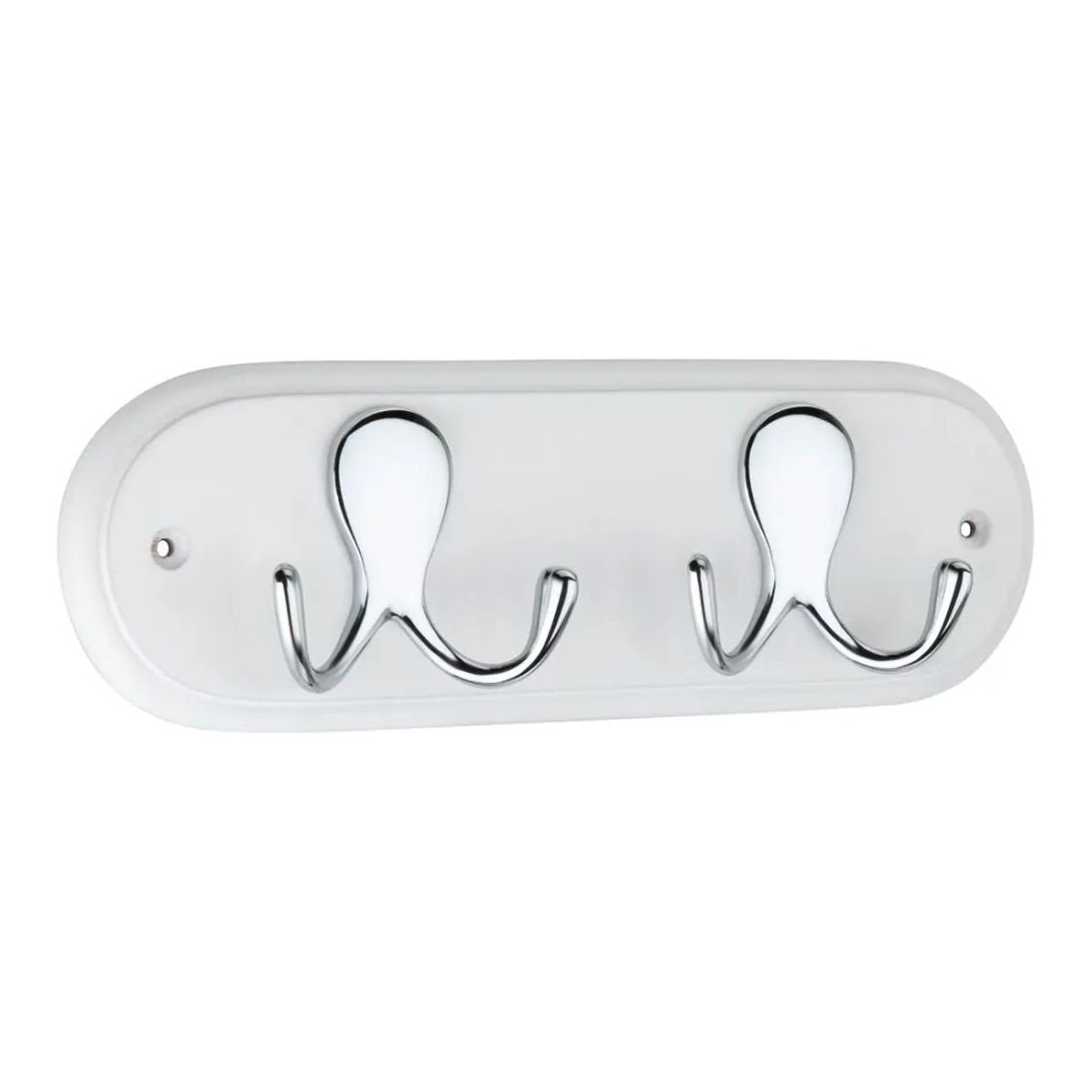 TWIN CHROME PLATED ROBE HOOKS ON WHITE BOARD