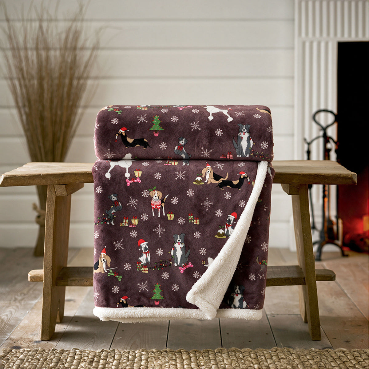 THROW FESTIVE DOGS 130 X 170 CM WINE