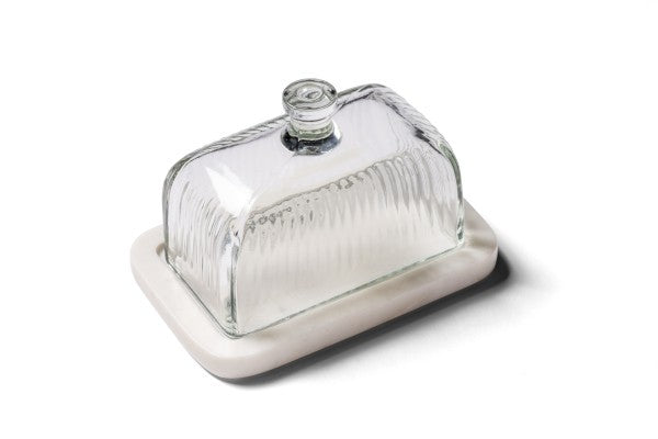 GLASS BUTTER DISH MARBLE BASE