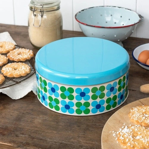 CAKE STORAGE TIN BLUE & GREEN DAISY