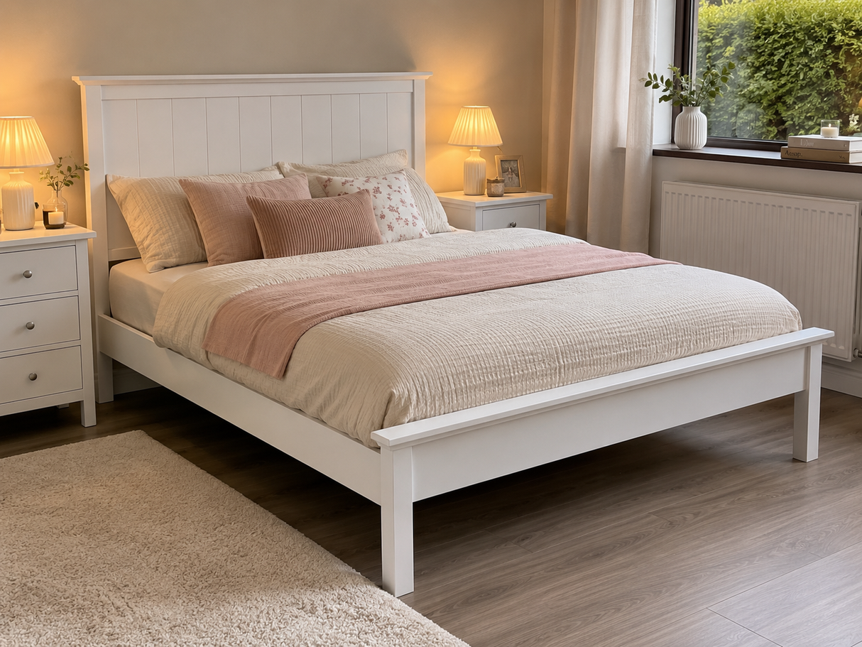 Bedroom with a white bed frame, pink bedding, and nightstands with lamps.