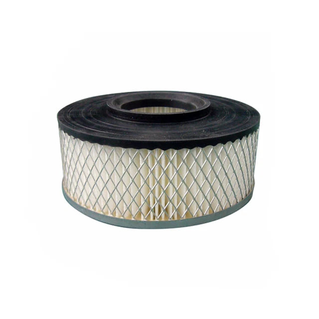A cylindrical automotive air filter with a pleated white paper body, a black top gasket, and a silver metal mesh filter element, shown on a plain white background.