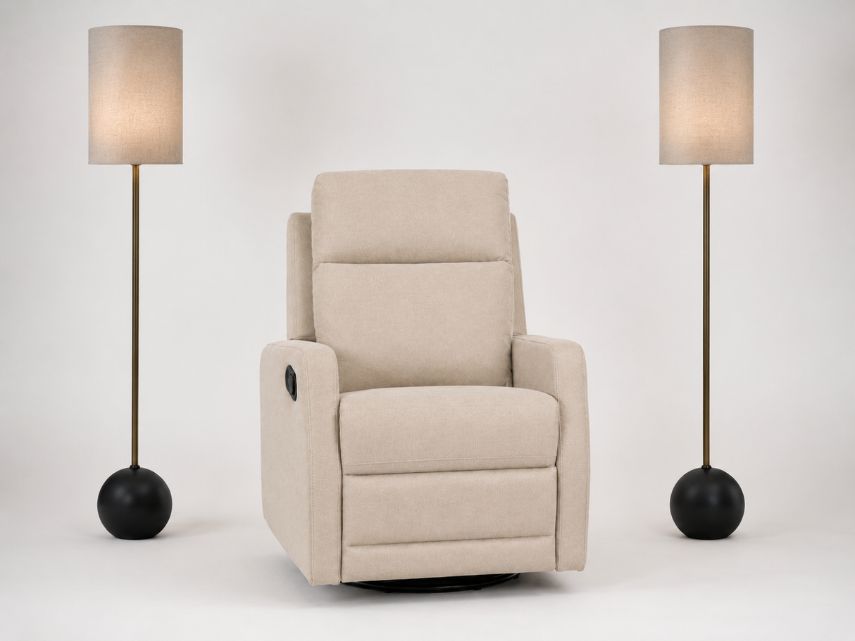 Beige upholstered recliner chair with matching modern floor lamps, featuring cylindrical fabric shades, slim metal stems, and black spherical bases on a clean studio background