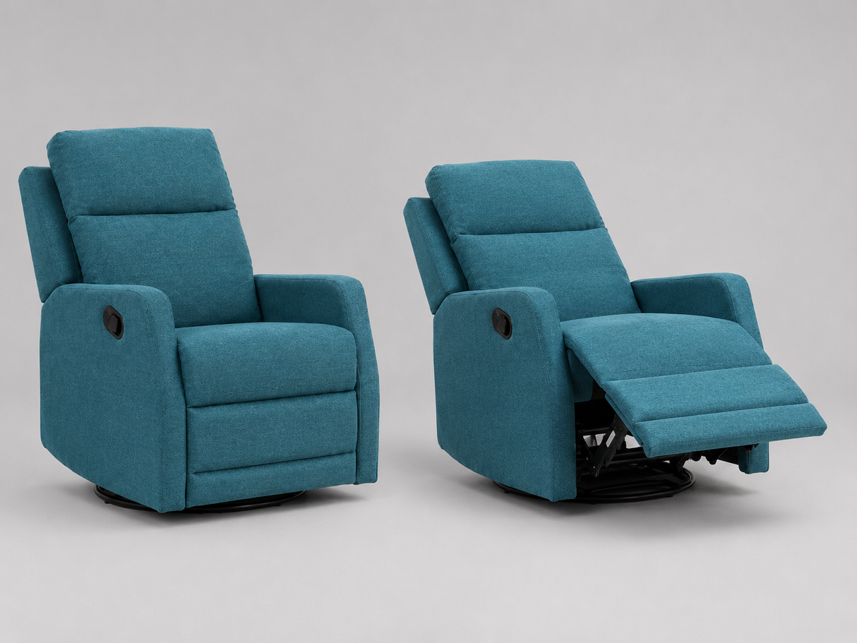 Teal upholstered recliner chairs displayed side by side, with one in an upright position and the other fully reclined with footrest extended, on a clean studio background.