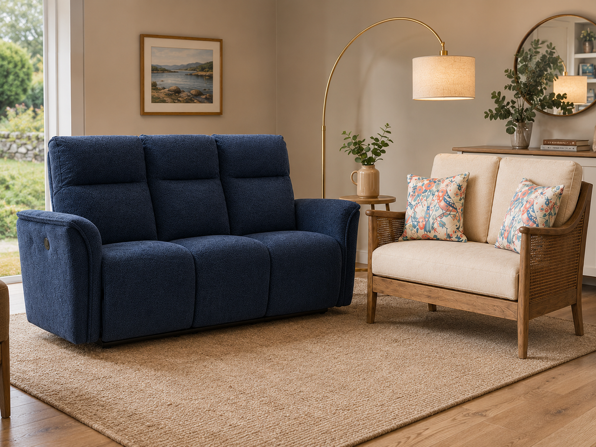Navy blue sofa and beige armchair in a living room with decor elements.