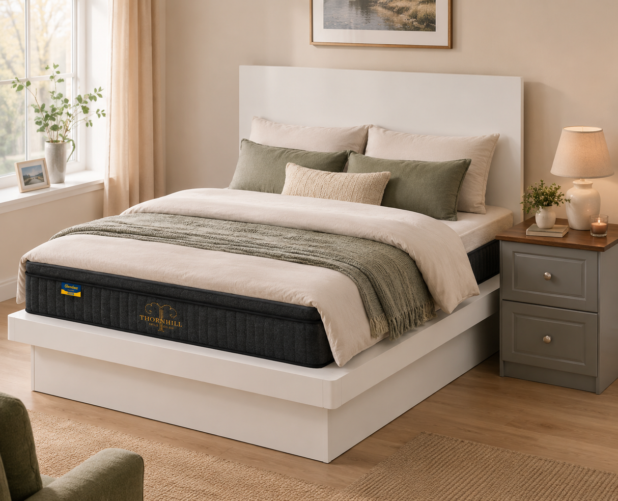 Glandore pocket sprung mattress on a white bed frame, styled with cream bedding, sage green pillows, grey bedside locker, and warm neutral Irish bedroom décor.