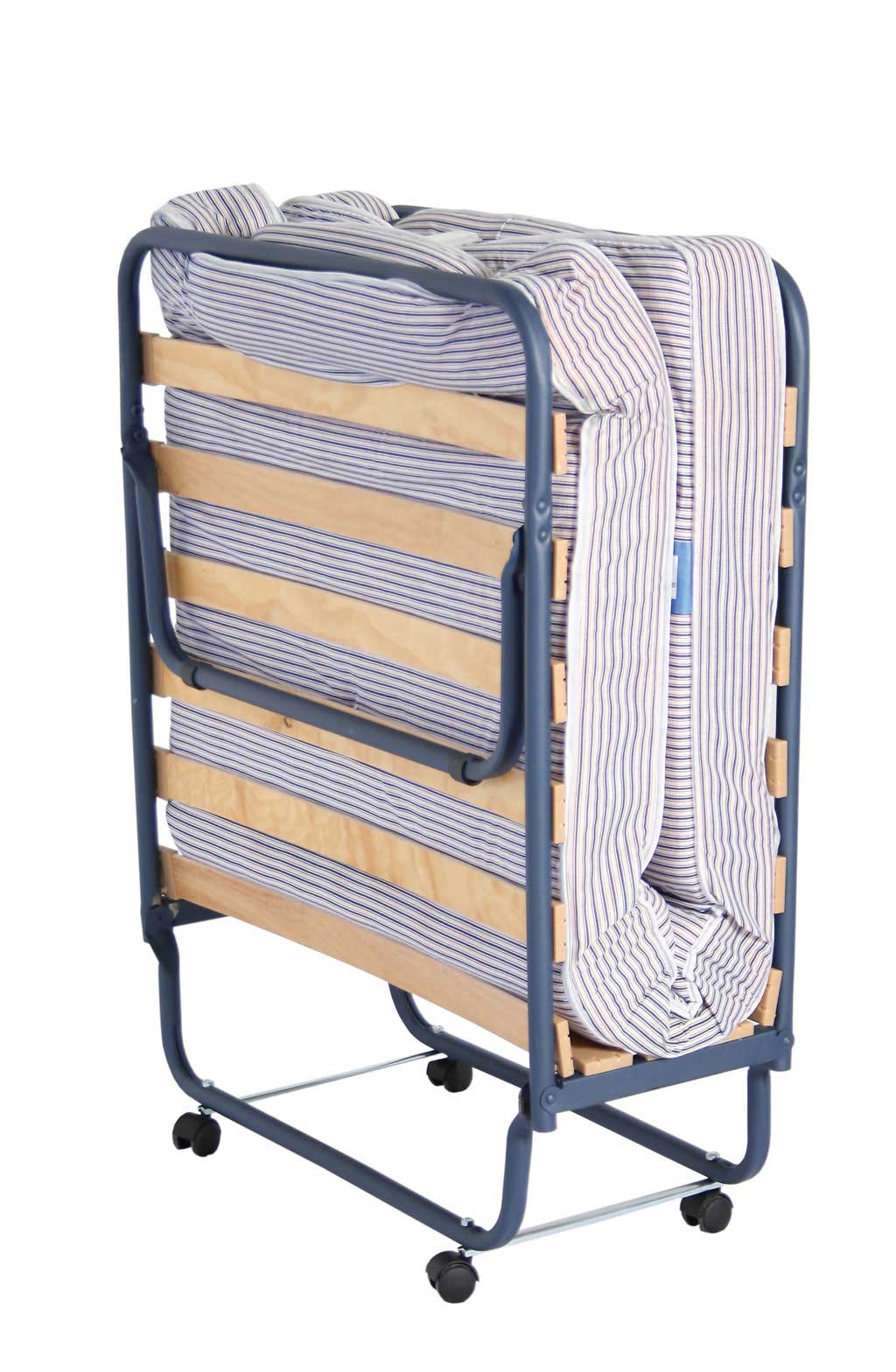Rolling cart with folded mattress and blanket on a white background