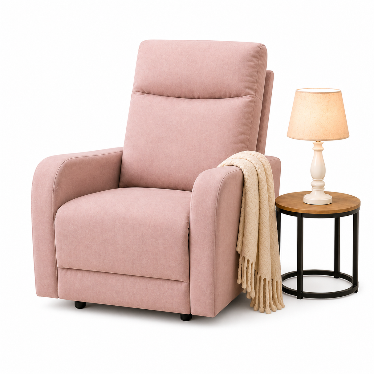 Pink armchair with a beige blanket and a small table with a lamp on a white background