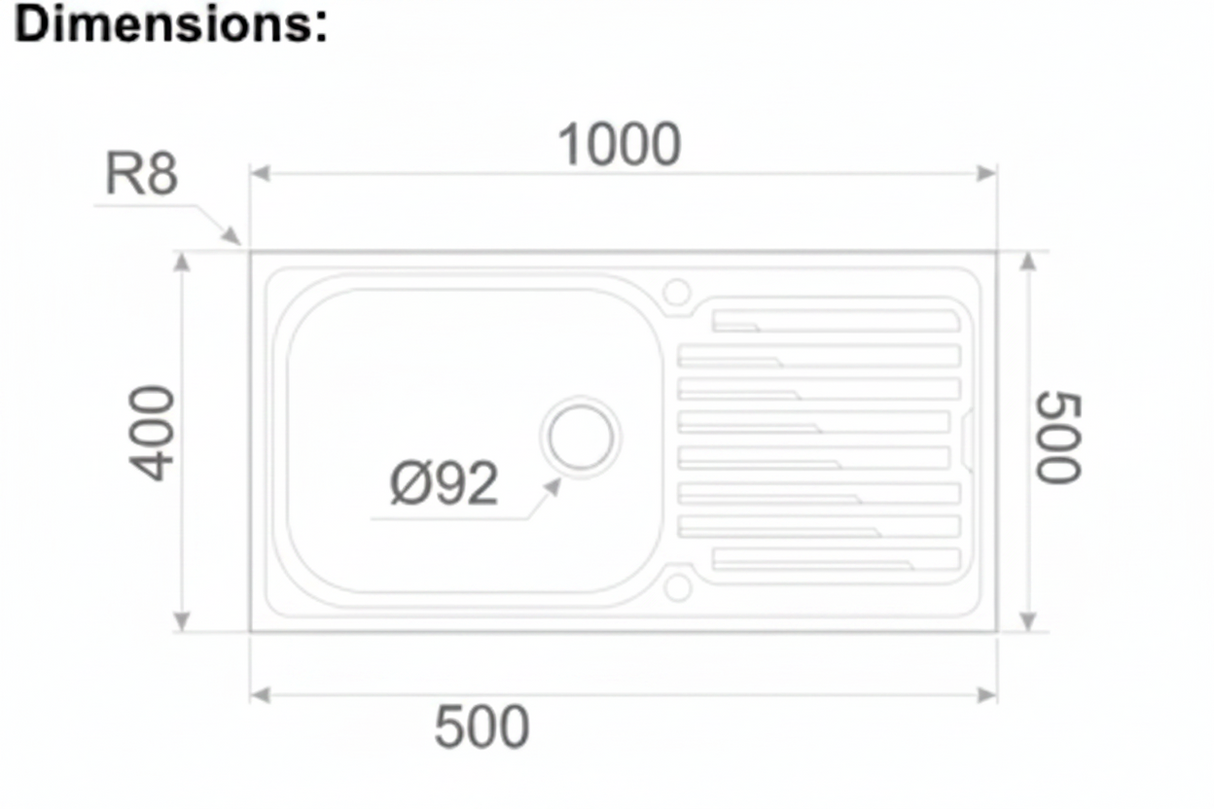 APOLLO 1000MM X 500 MM IB 1D S/STEEL REVERSIBLE INSET SINK WASTE