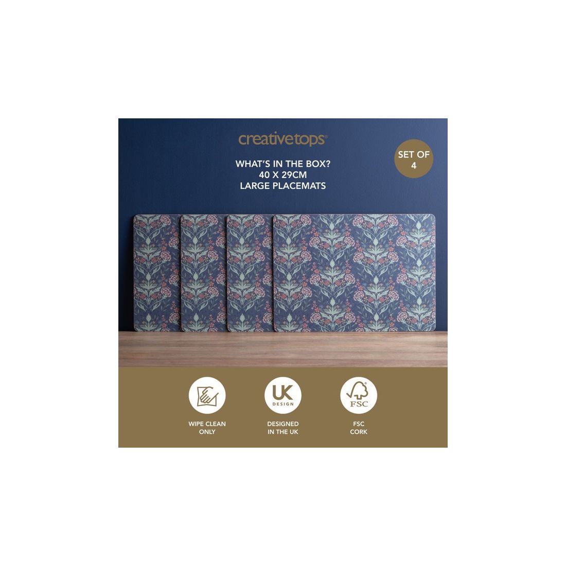 Arts & Craft pack of four large premium placemats for protecting dining tables with a classic decorative design