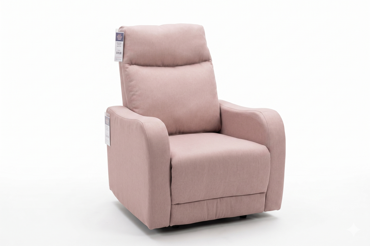 Como recliner chair in dusty pink with padded upholstery and reclining function.