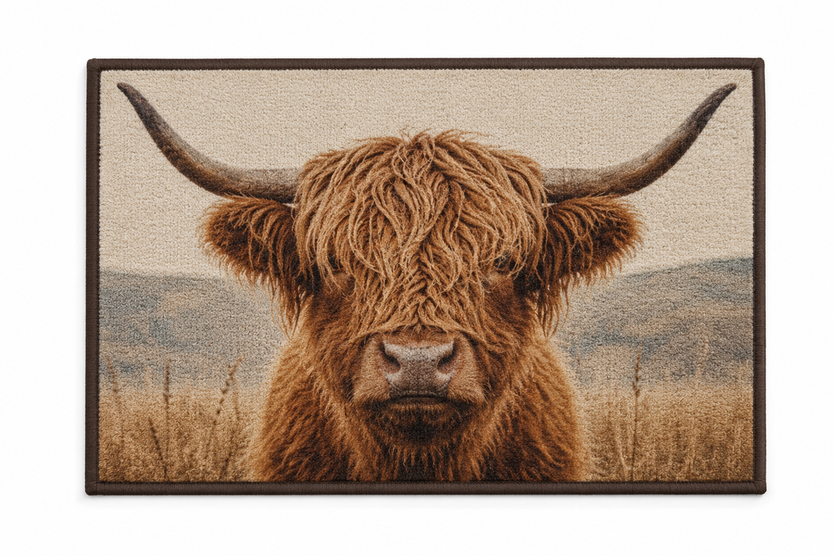 Highland Cow Hug Rug measuring 50 x 75cm for trapping dirt and moisture at home entrances.