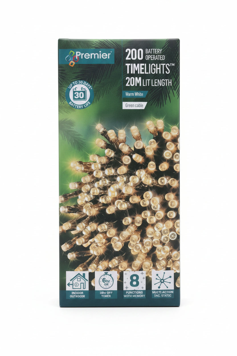 Premier 200 Battery Operated TimeLights Warm White 20m