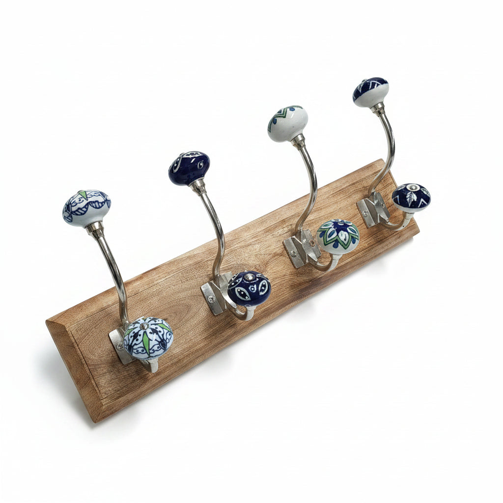 Large Blue Hooks on Wooden Base