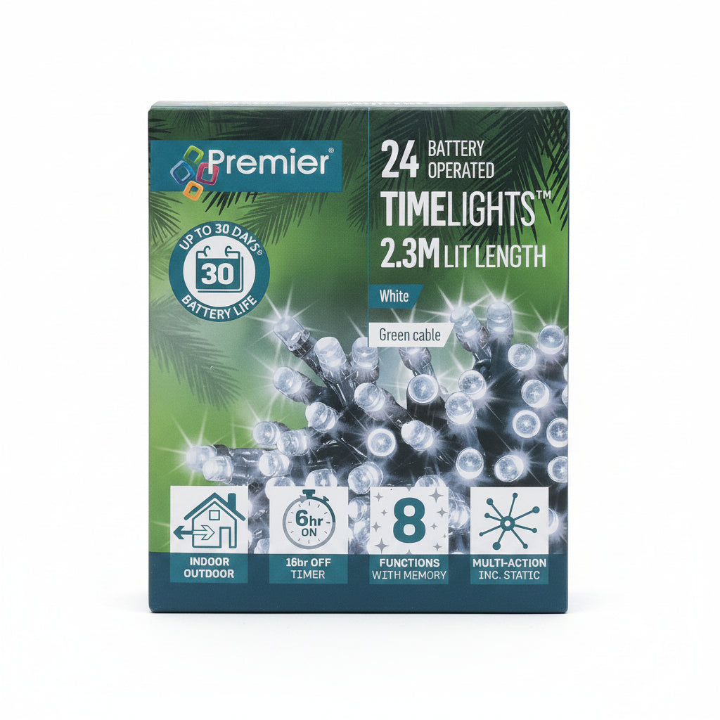 Premier 24 Battery Operated TimeLights White 2.3m