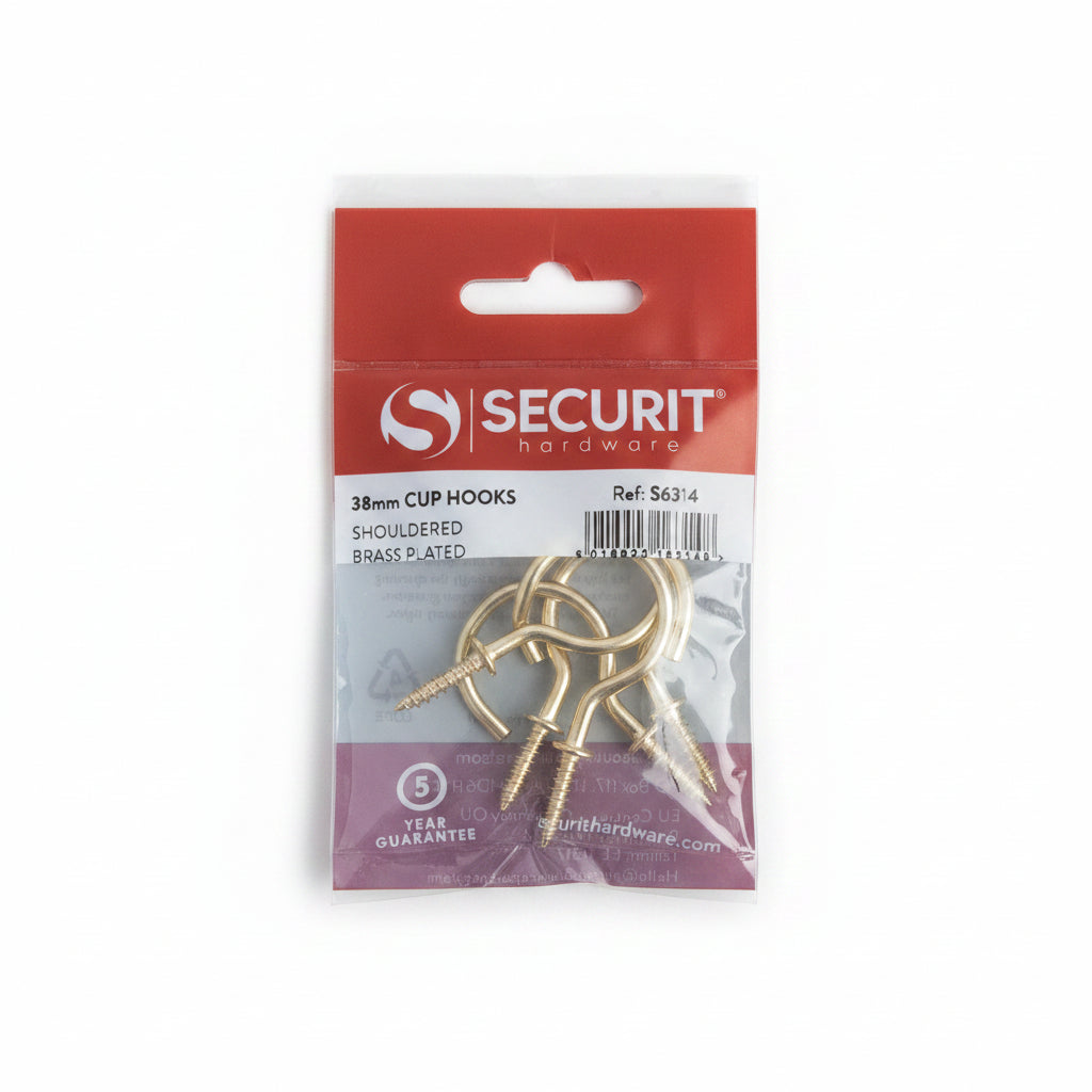 Cup Hooks Shouldered Brass Plated 38mm Pack of 5