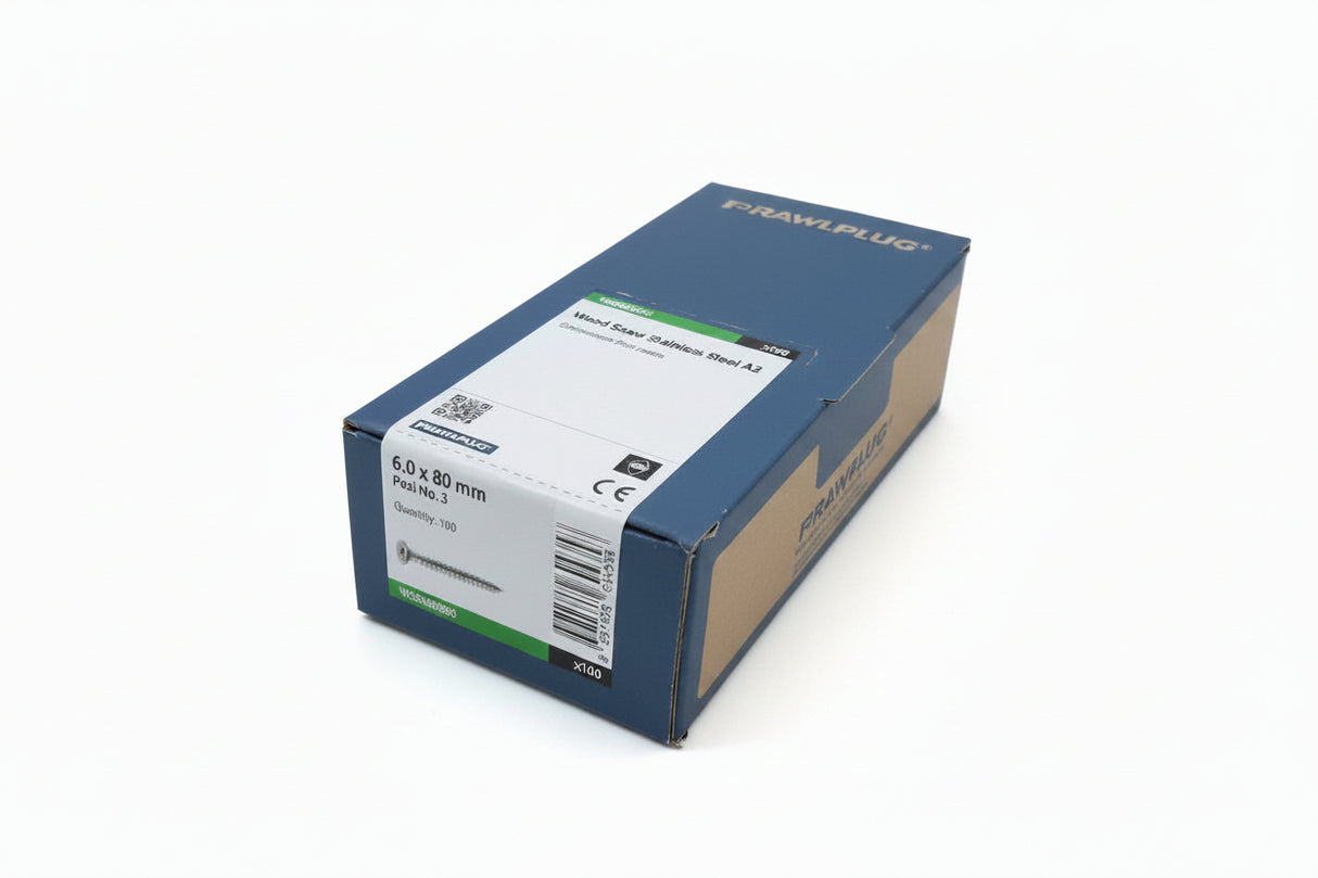 Rawlplug Stainless Steel Wood Screws 6.0mm x 80mm 100 Box