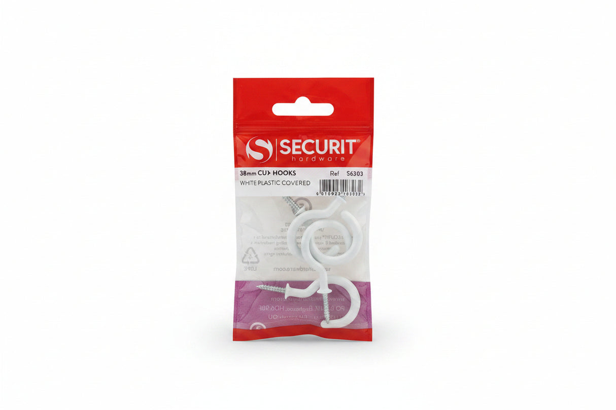 Cup Hooks 38mm White Plastic Covered Pack of 4