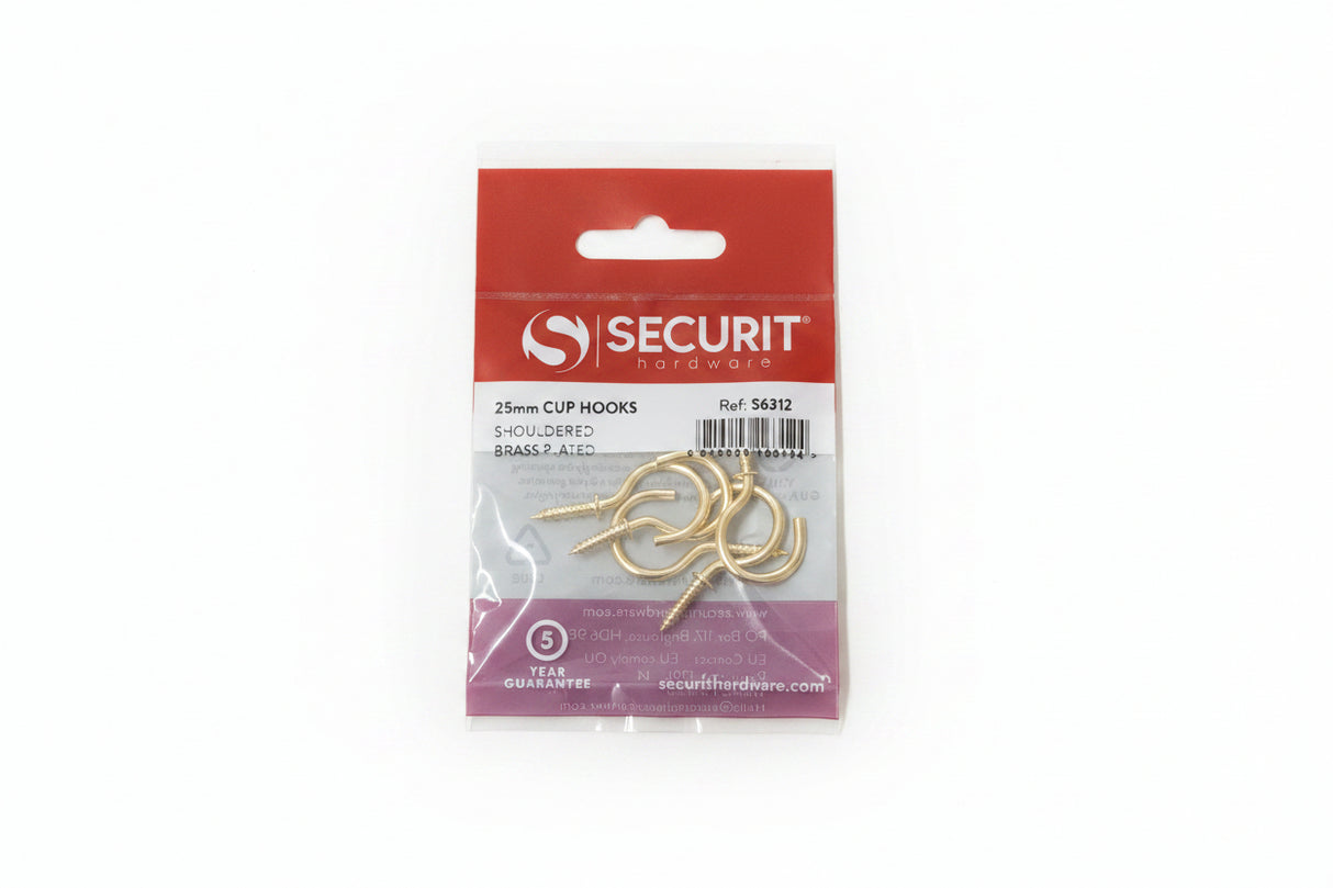 Cup Hook 25mm Shouldered Brass Plated Pack of 5