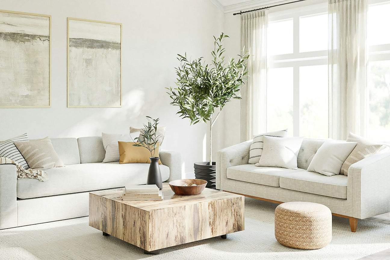 Stylish furniture arrangement in a bright and well-lit living room with sofas and a coffee table. 