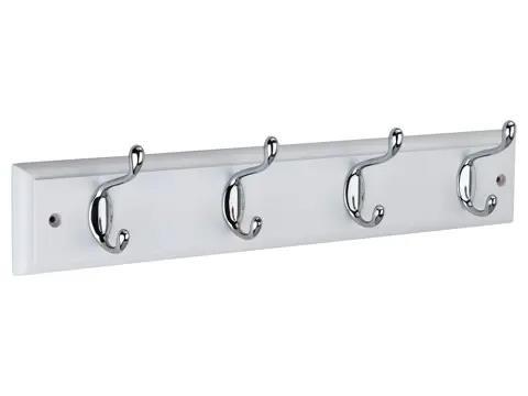 HOOK RAIL 4 SATIN NICKEL HOOKS ON WHITE BOARD