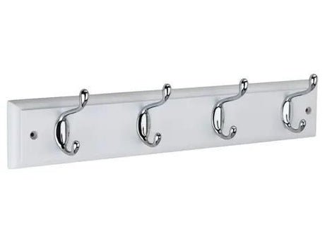 HOOK RAIL 4 SATIN NICKEL HOOKS ON WHITE BOARD
