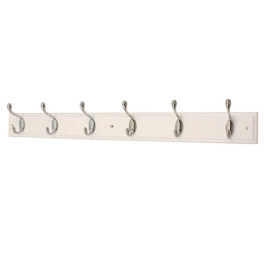  6 SATIN NICKEL HOOKS ON WHITE BOARD