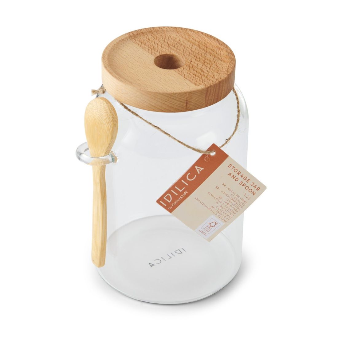 GLASS STORAGE JAR WITH BEECHWOOD LID & BAMBOO SPOON 1200ML