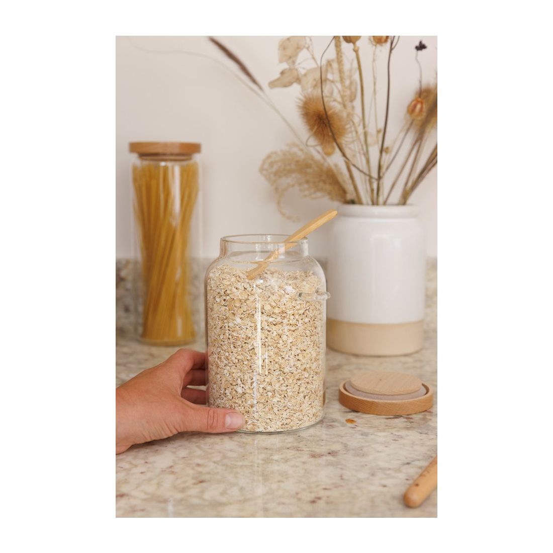 GLASS STORAGE JAR WITH BEECHWOOD LID & BAMBOO SPOON 1200ML