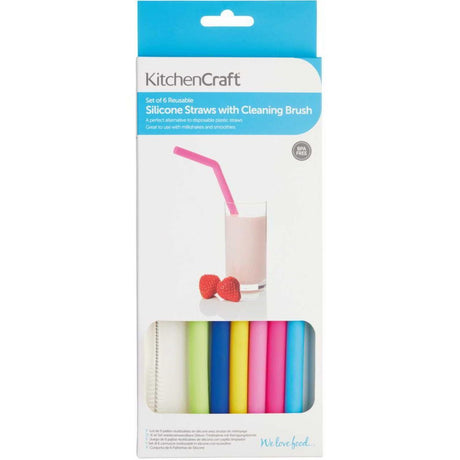 SET OF SIX SILICONE STRAWS WITH CLEANING BRUSH