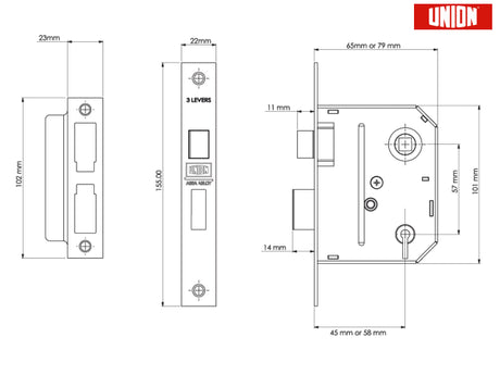 UNION ESSENTIAL 3 LEVER MORTICE SASHLOCK POLISHED BRASS 2.5"