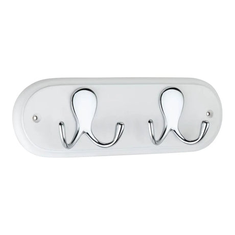 TWIN CHROME PLATED ROBE HOOKS ON WHITE BOARD