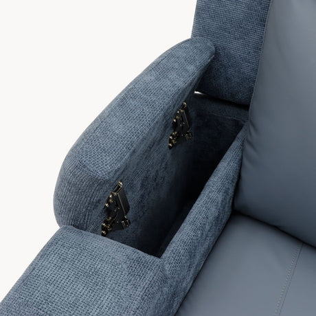 Todia electric recliner chair in blue, alternate angle showing reclining mechanism
