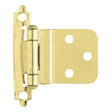 A single brass-colored metal cabinet hinge with a flat mounting plate featuring three pre-drilled screw holes, shown on a plain white background.