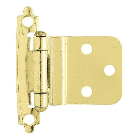 A single brass-colored metal cabinet hinge with a flat mounting plate featuring three pre-drilled screw holes, shown on a plain white background.