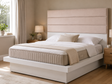 Jessica white bed frame with beige upholstered headboard and quilted mattress in a cozy neutral bedroom