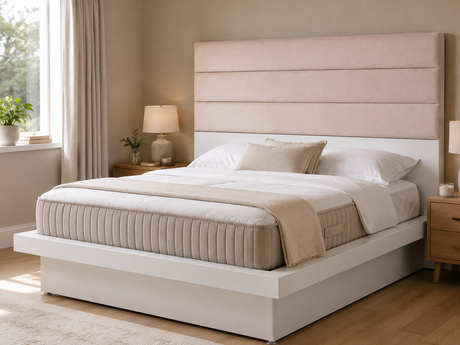 Jessica white bed frame with beige upholstered headboard and quilted mattress in a cozy neutral bedroom