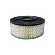 A cylindrical automotive air filter with a pleated white paper body, a black top gasket, and a silver metal mesh filter element, shown on a plain white background.