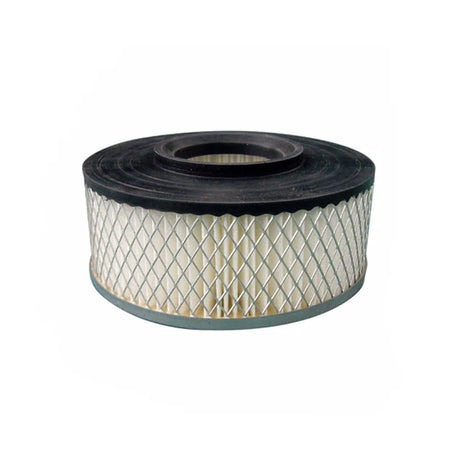 A cylindrical automotive air filter with a pleated white paper body, a black top gasket, and a silver metal mesh filter element, shown on a plain white background.
