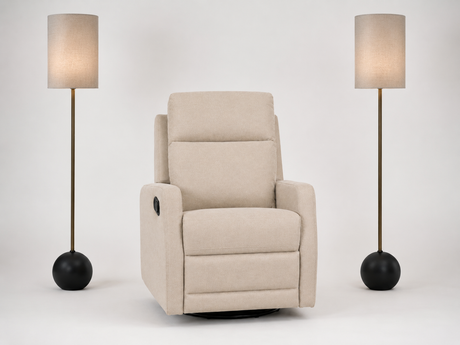Beige upholstered recliner chair with matching modern floor lamps, featuring cylindrical fabric shades, slim metal stems, and black spherical bases on a clean studio background