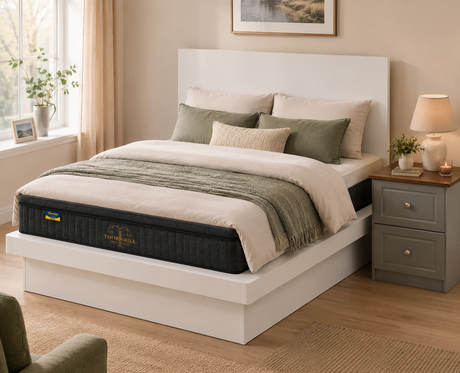 Glandore pocket sprung mattress on a white bed frame, styled with cream bedding, sage green pillows, grey bedside locker, and warm neutral Irish bedroom décor.