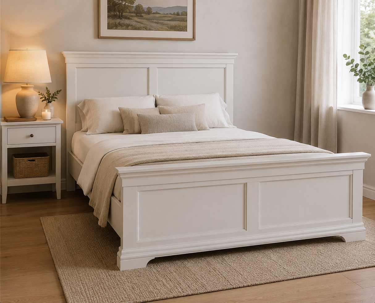 Bordeaux Pebble Grey 5ft King Bed Frame with classic panel design and wooden slat base