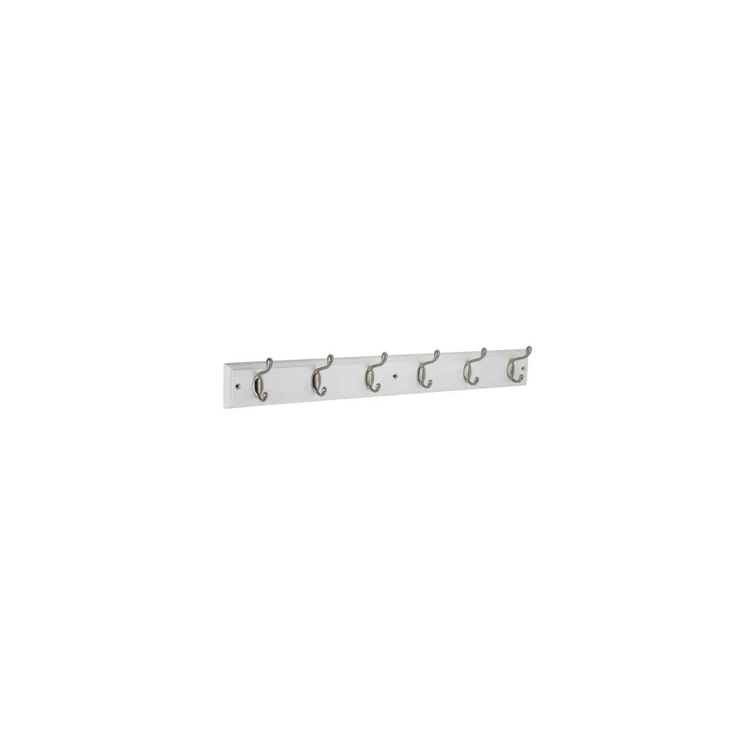 HOOK RAIL 6 SATIN NICKEL HOOKS ON WHITE BOARD