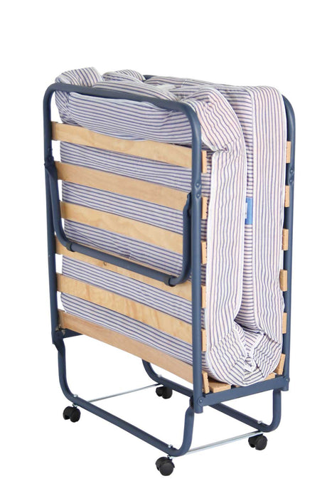 Rolling cart with folded mattress and blanket on a white background