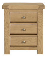 Wooden nightstand with three drawers on a white background