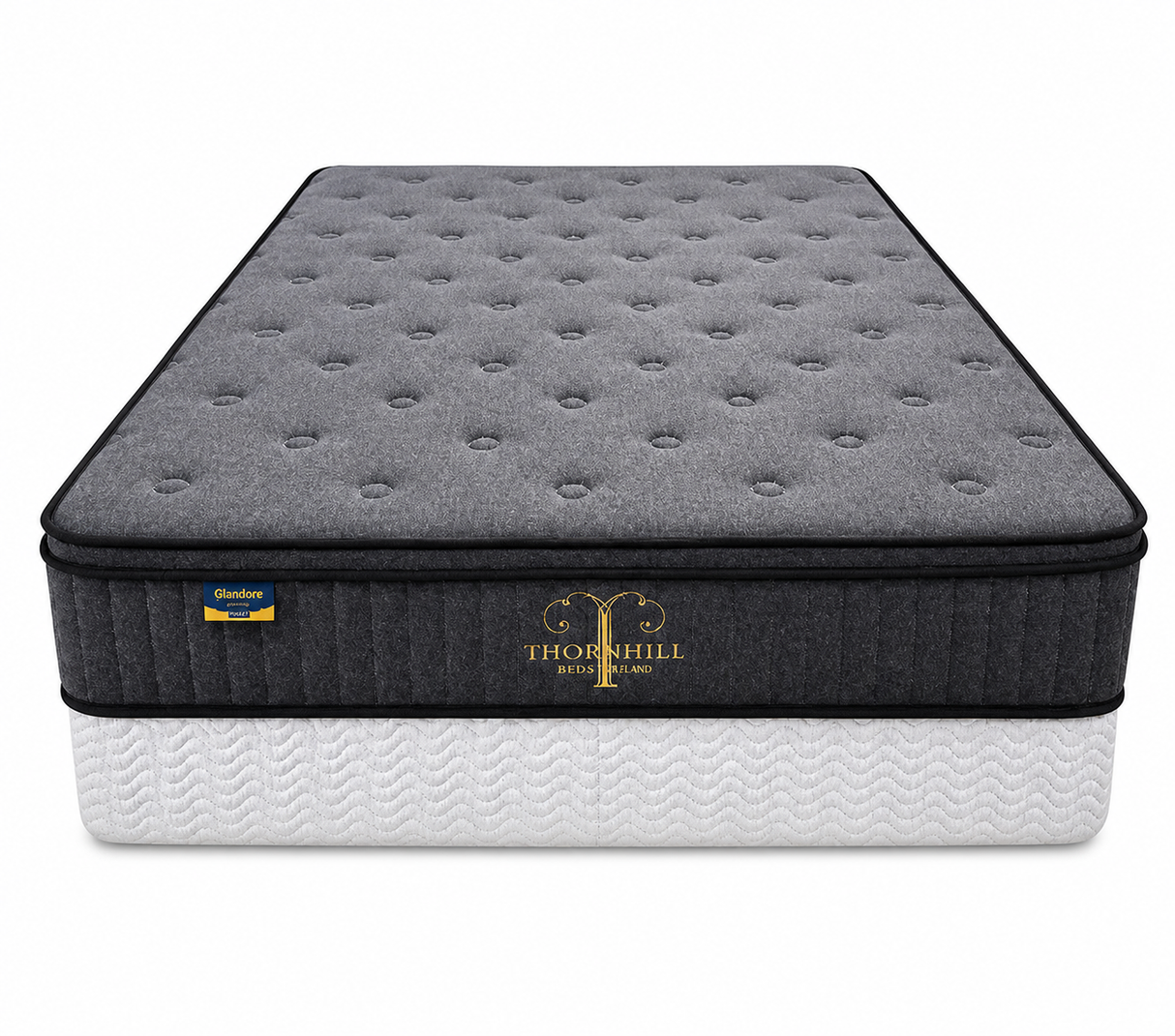 Gray mattress with 'Thornhill' branding on a white background