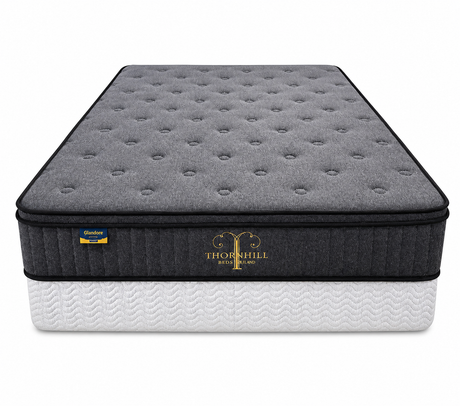 Gray mattress with 'Thornhill' branding on a white background